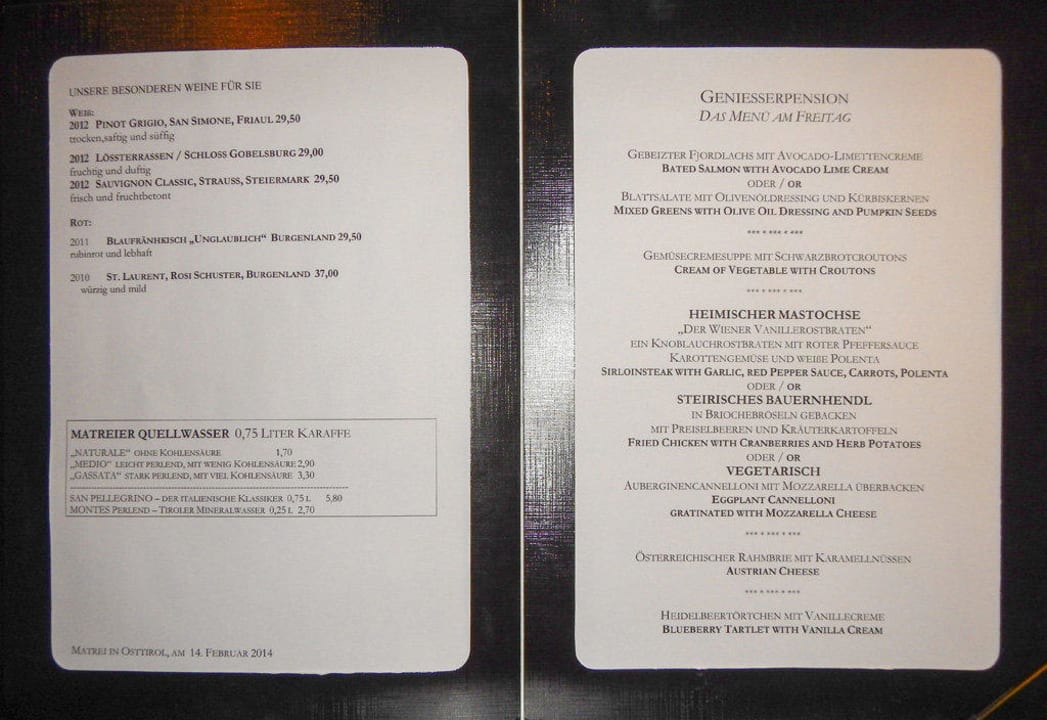 Halbpensions Menü Hotel Rauter