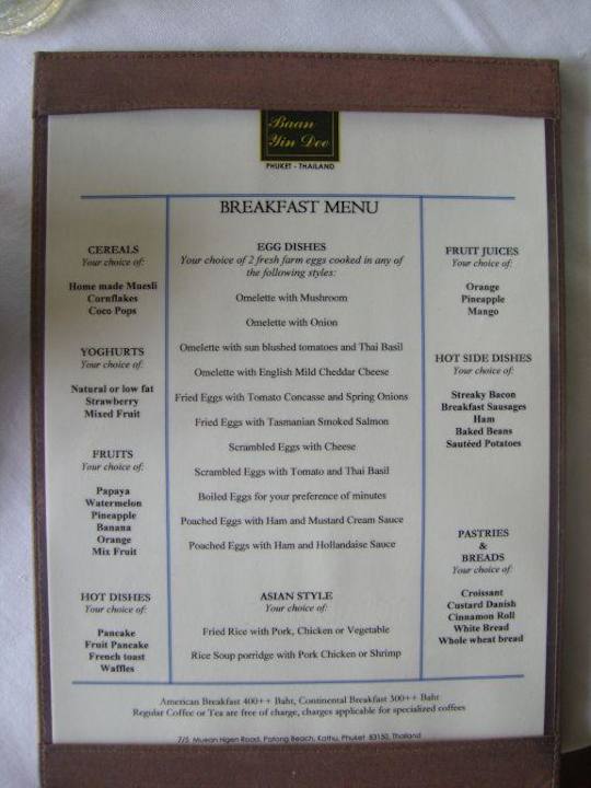 Frühstückskarte Baan Yin Dee Boutique Resort