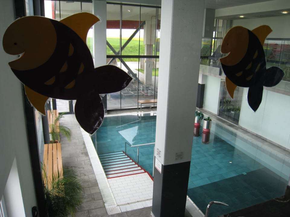 Blick auf Hotelpool vom Spielzimmer All In Red Thermenhotel