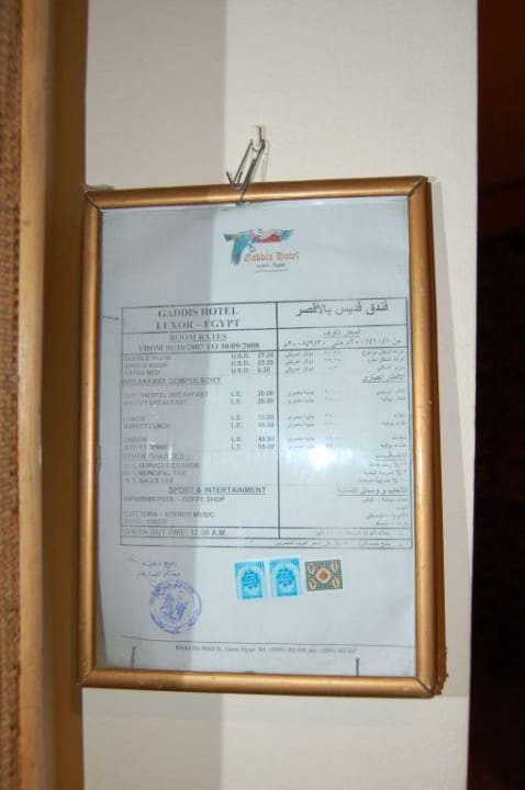 Preisaushang Hotel Gaddis