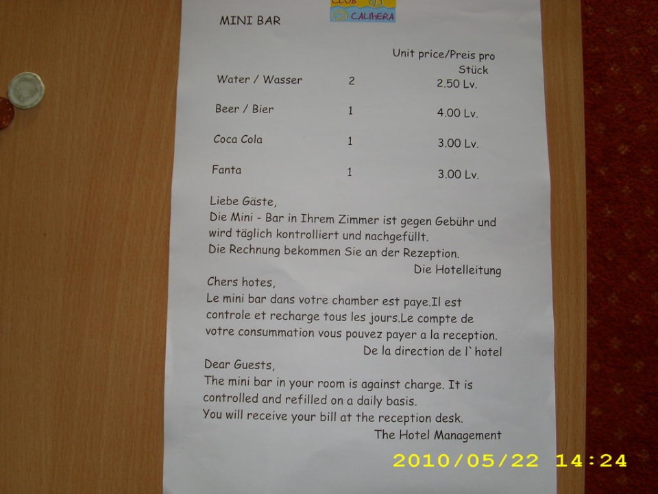 Preise der Minibar DAS Club Hotel Sunny Beach