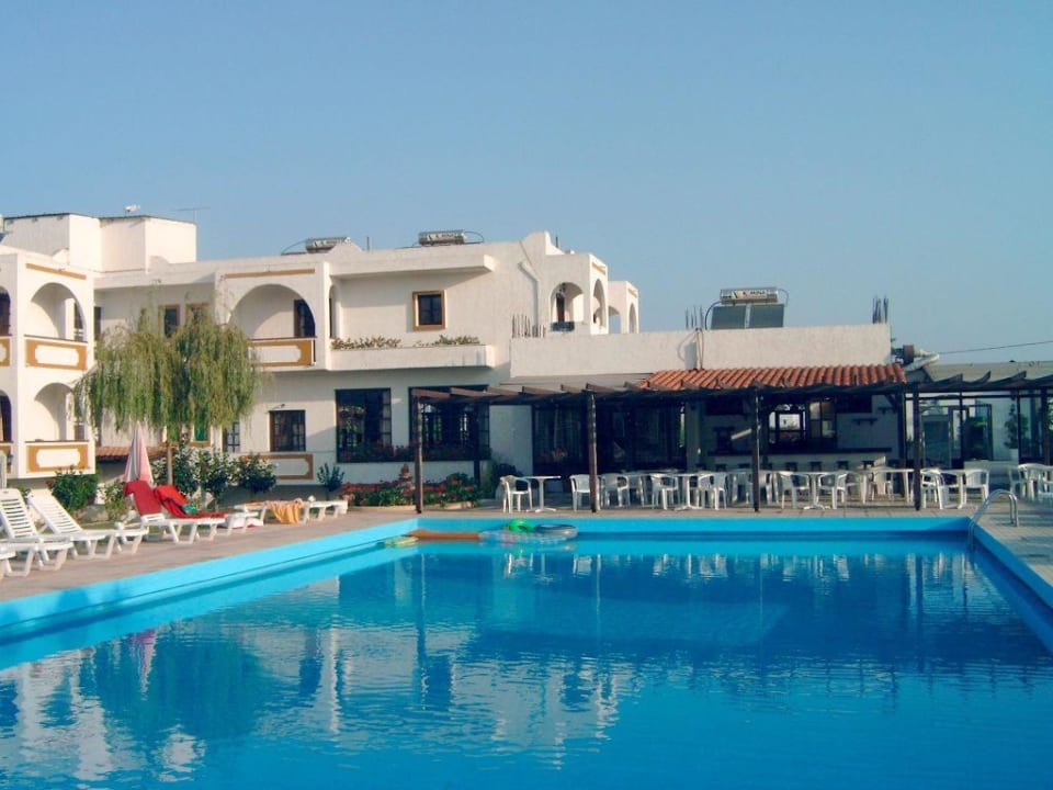 Blick über den Pool auf die Hotelrückseite Hotel Hermes