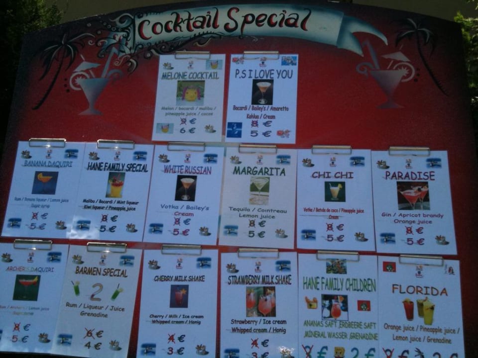 Preisliste von der Bar Hane Family Resort