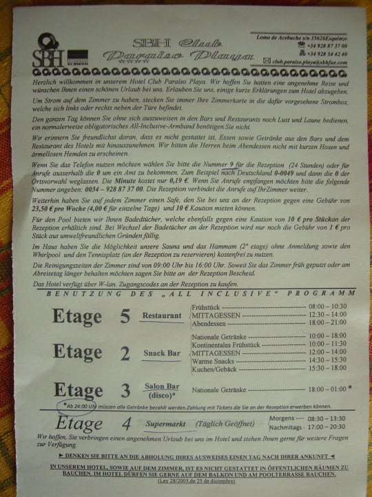 Begrüßungsbrief und Infos SBH Club Paraiso Playa