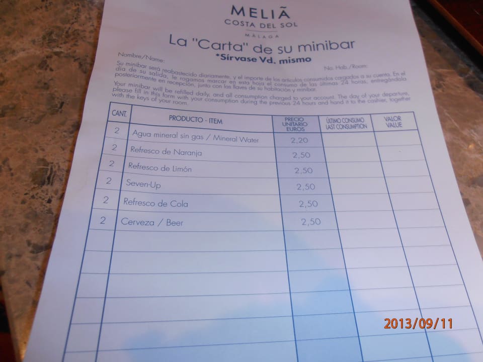 Preisliste der Minibar Meliá Costa del Sol