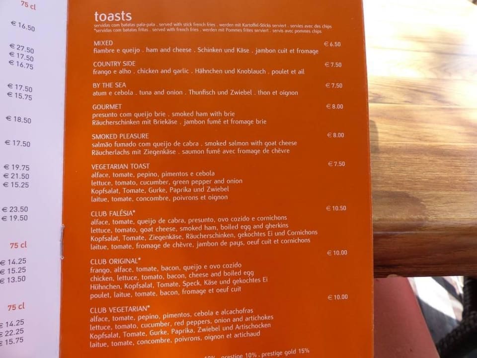 Speisekarte mittags PortoBay Falésia