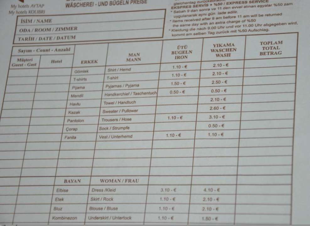 Preisliste Wäschereinigung Semt Luna Beach Hotel