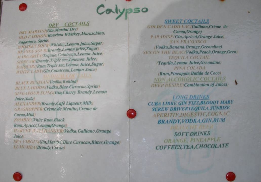 Cocktailkarte Hotel Calypso Beach
