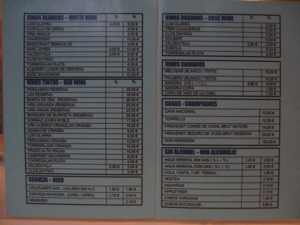 Getränkekarte LABRANDA Bahía y Villas Fañabé