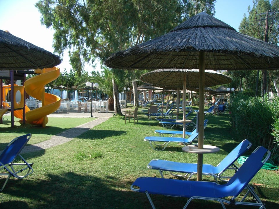 Schattige Liegen unter Eukalyptusbäumen Corissia Beach Hotel