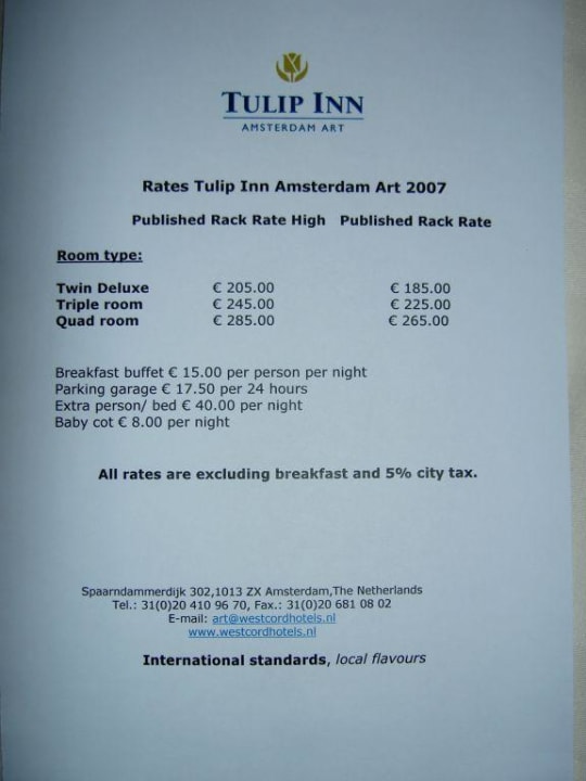 Preisliste WestCord Art Hotel Amsterdam 3-Star