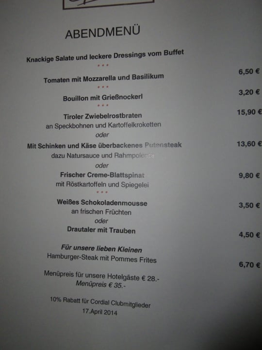 Abends Büffet Speisekarte Lisi Family Hotel Reith bei Kitzbühel