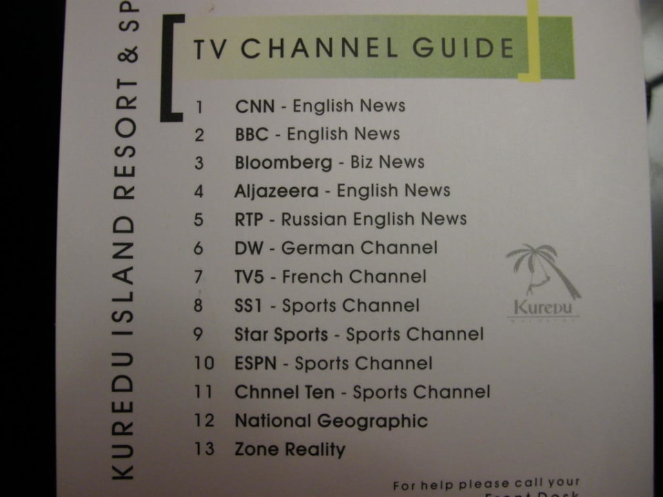 TV-Senderliste Strandvilla Kuredu  Kuredu Island Resort & Spa