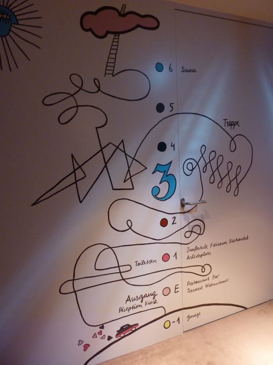 Wegweiser gegenüber des Aufzugs 25hours Hotel Zürich West