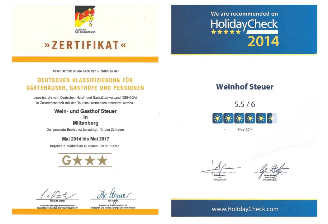 3-Sterne aus München und Urkunde von Holidaycheck Zipf's Wein- und Gasthof Steuer