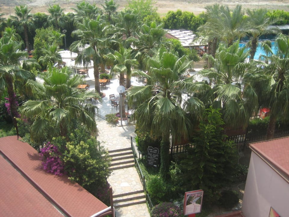 Ausblick von Zimmer 1201 auf Pool und Bar Hane Family Resort