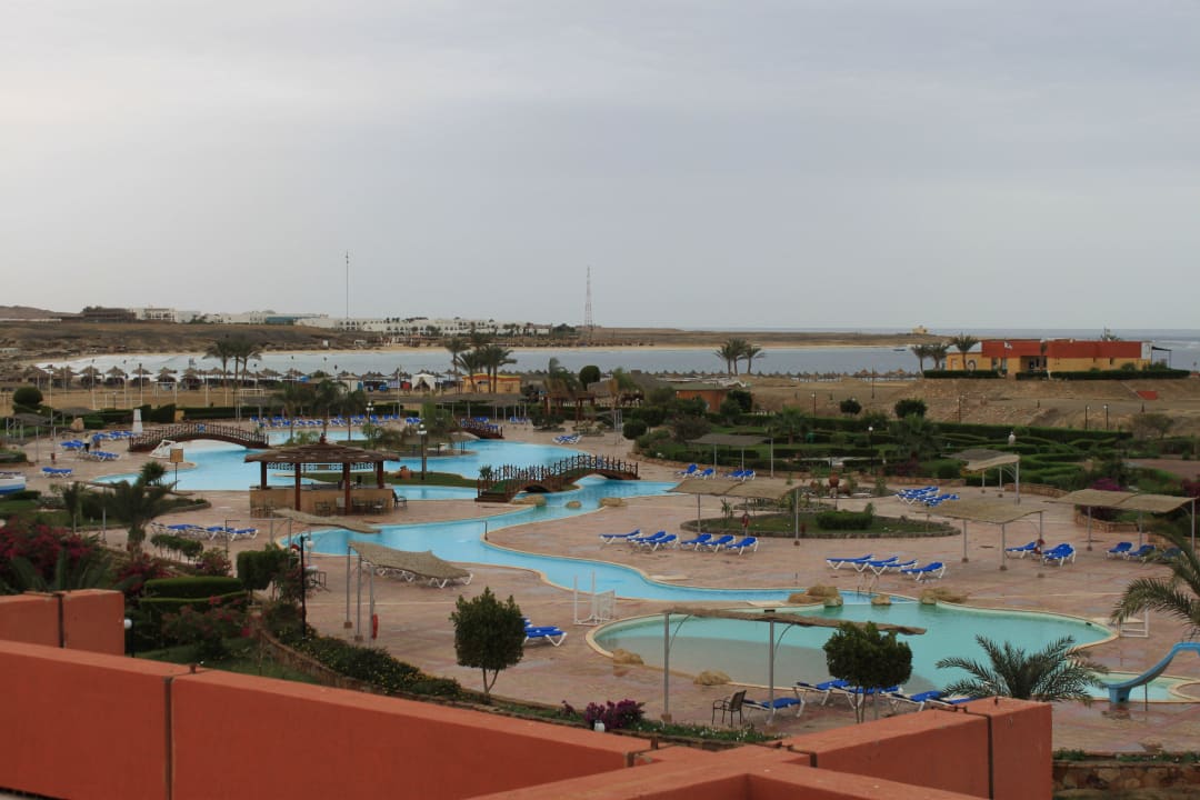 Poolansicht mit Strand in Hintergrund Malikia Resort Abu Dabbab