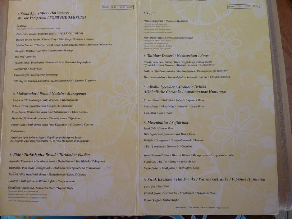 Speisekarte Strandbar Diamond Excellence Resort & Spa