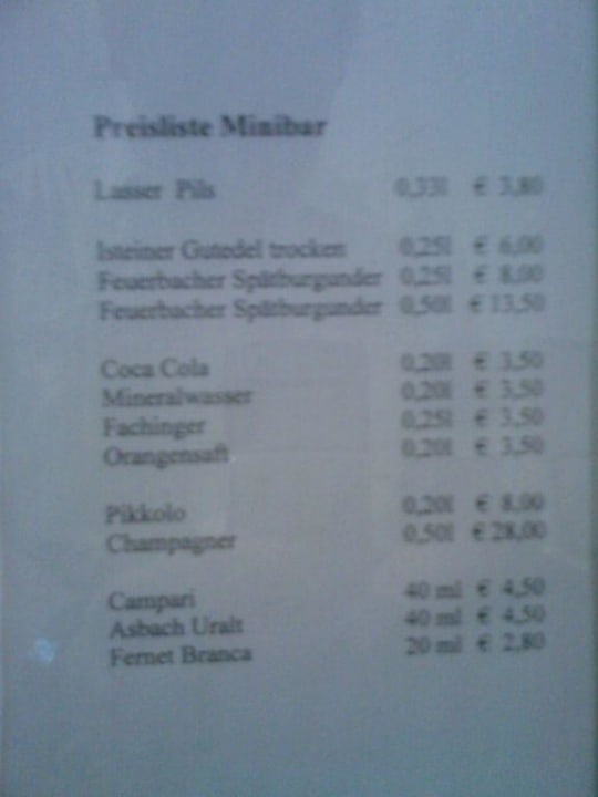 Preisliste der Minibar Hotel-Gasthaus Zur Krone