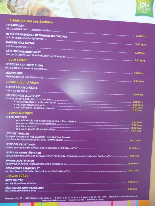 Speisekarte ibis Styles Leipzig