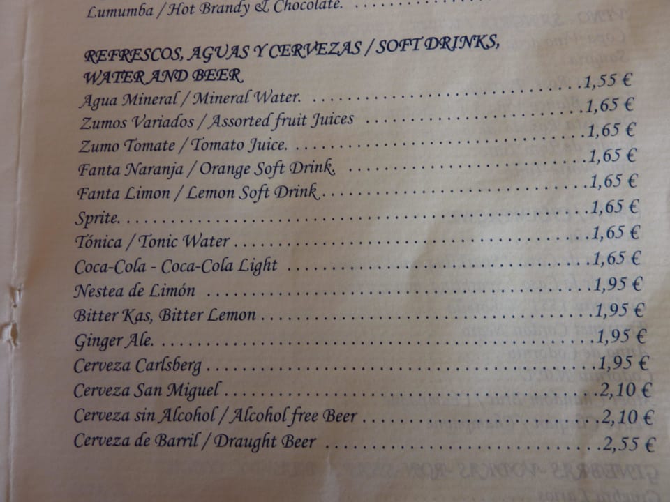 Getränkekarte nicht AI Juli 2014 Bahia Principe Sunlight San Felipe