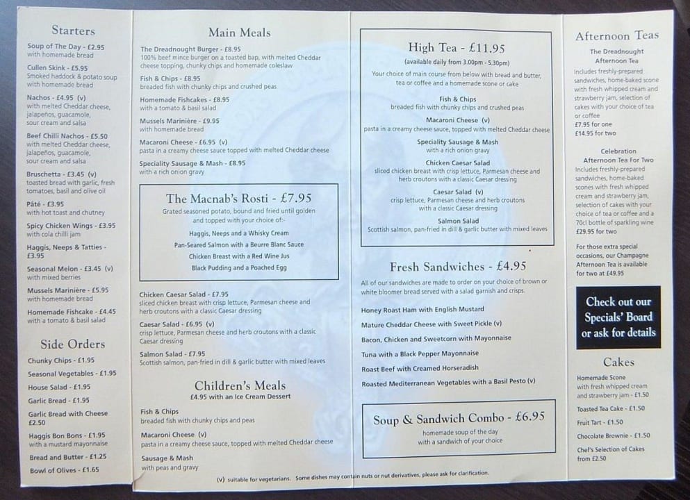 Speisekarte Dreadnought Hotel