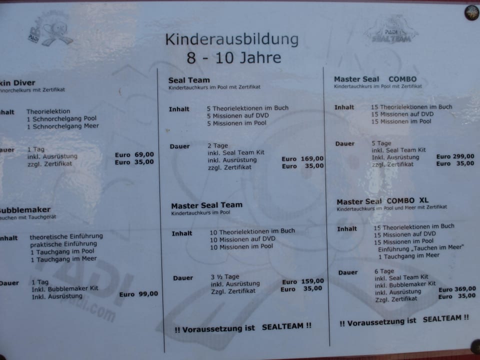 Preisliste Tauchen und Schnorcheln Sentido Akassia Beach