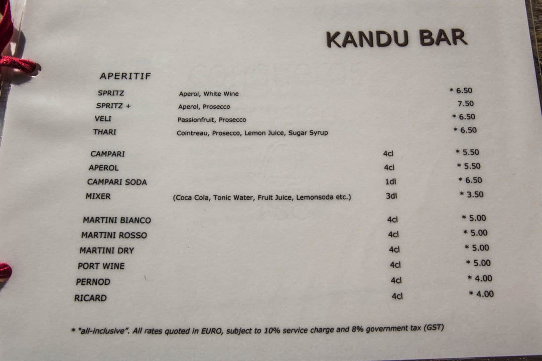 Getränkekarte, Getränkepreise, All-Inclusive  Gangehi Island Resort