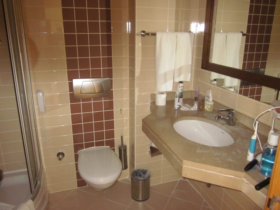 Badezimmer mit Waschtisch, WC und Dusche Saturn Palace Resort Hotel