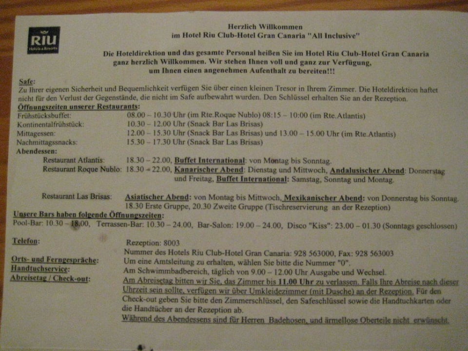 Gästeinformationen Hotel Riu Gran Canaria
