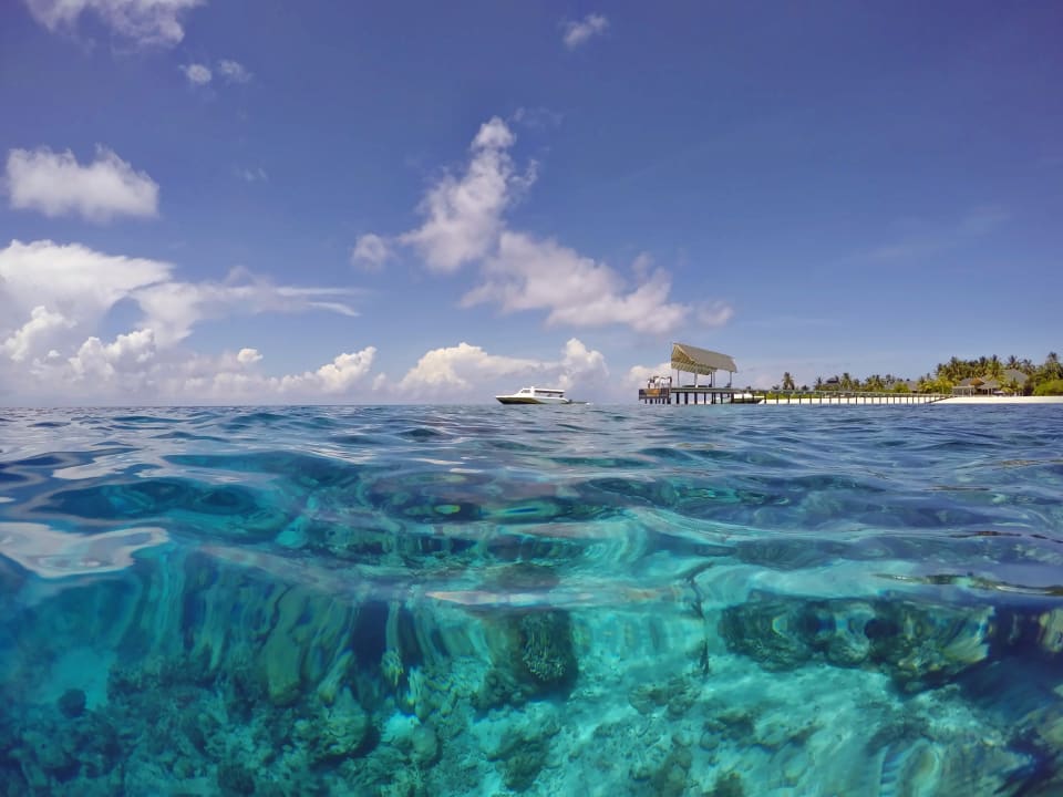 Sicht vom Riff zum Ankunftsjetty NH Collection Maldives Havodda Resort