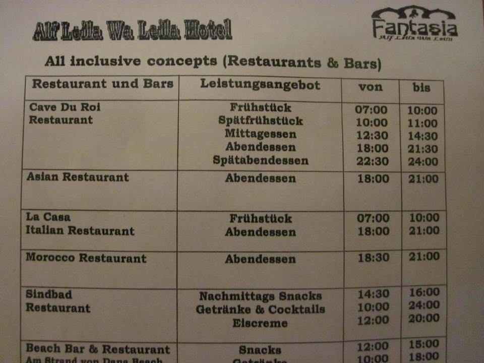 Öffnungszeiten Teil 1 Pickalbatros Alf Leila Wa Leila Resort - Neverland Hurghada