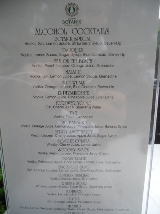 Coktailkarte Poolbar Hotel Botanik Platinum