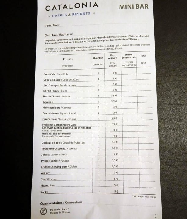 Minibar pricelist Hotel Catalonia Plaza Mayor