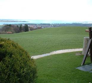 Rechts der Spielplatz, dahinter der See