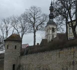 Blick zur Stadtmauer und St. Salvatorkirche