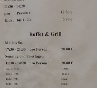 Termine&Preise Mittagsbuffet;  Abendbuffet&Grill