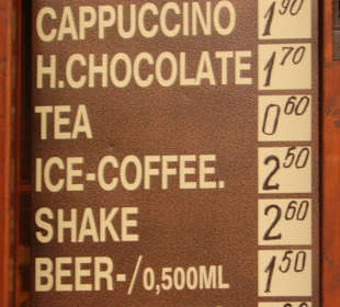 Preisliste aus einem Cafe in Nessebar