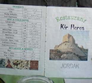 Speisekarte in einem naheliegenden Restaurant