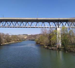 Blick von nahegelegener Fußgängerbrücke auf Neckar