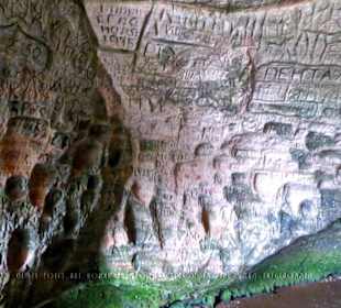 Ein Meer von Fels-Eingravierungen von Besuchern