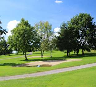 Hügeliges Gelände mit Bäumen und Bunkern