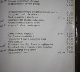 Speisekarte vom Lokal