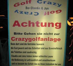Eingangsschild Crazygolfanlage bei Claudia & Jens