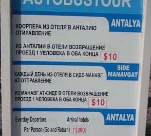 Bustafel für Fahrten nach Antaly, Side, Manavgat