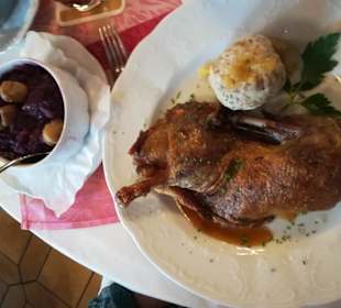 Halbe Ente, Rotkraut, Knödel, Orangensoße