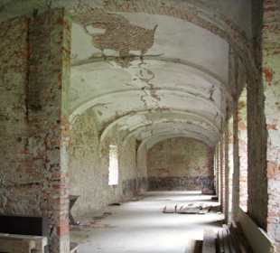 Entkerntes Gebäude vor dem Schloss