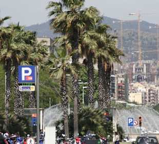 Blick von Barceloneta auf Sagrada Familia