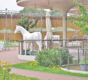 Blick aufs Gradierwerk ab dem Salinen Café