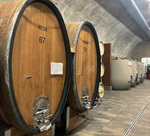 Große Holzfässer und Amphoren